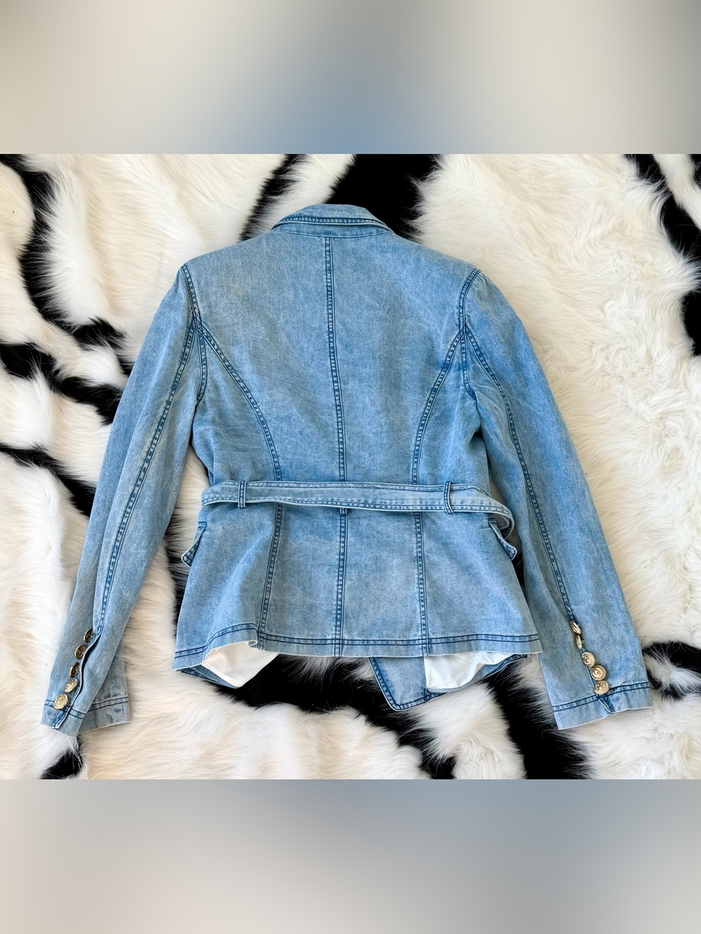 Balmain Inspired Denim Double-Breasted Belted Blazer | approximately US Size 4 - Picture 3 of 5